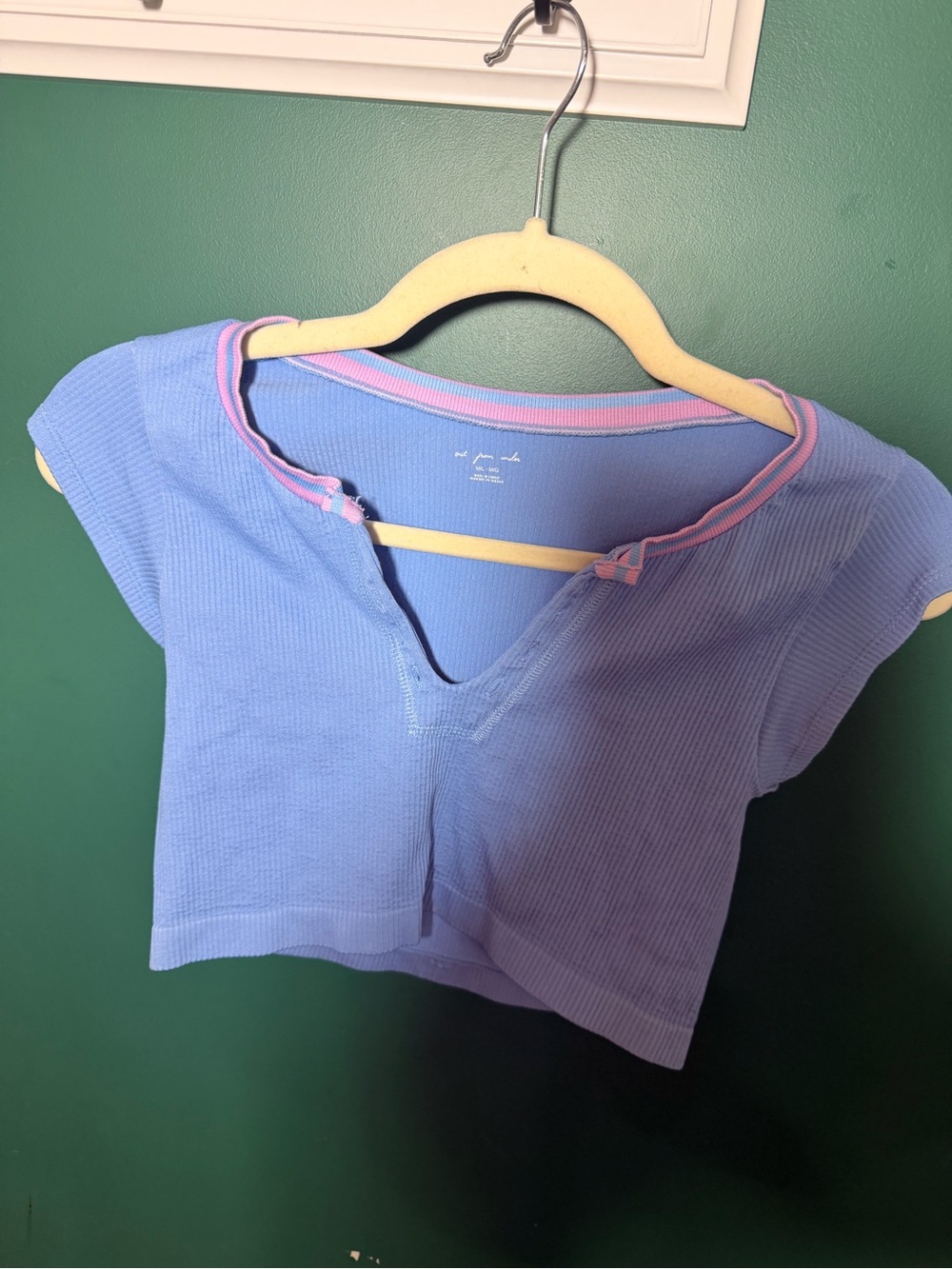 Urban Outfitters Light Blue Ribbed V-Neck Crop Top with Pink Trim